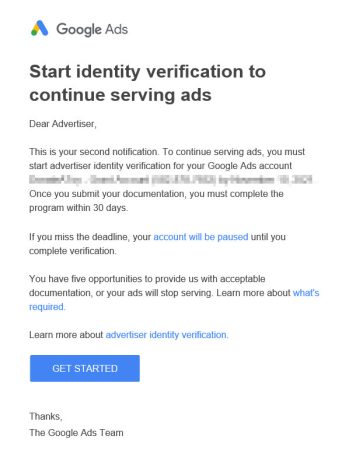 Google Ads advertiser identity verification email